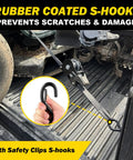 10 Foot Heavy Duty Retractable Ratchet Straps With Slick Auto Rewind System And Quick Release Clasp For Zero Drama Load Hauling 1800 Lb Grip Black Two Pack with rubber coated S-hooks on a truck bed.