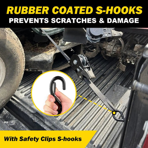 10 Foot Heavy Duty Retractable Ratchet Straps With Slick Auto Rewind System And Quick Release Clasp For Zero Drama Load Hauling 1800 Lb Grip Black Two Pack with rubber coated S-hooks on a truck bed.