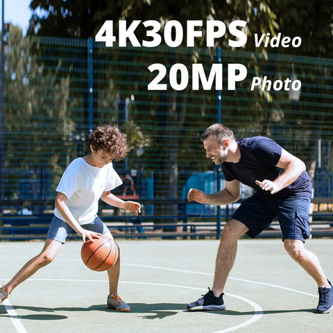 Child and adult playing basketball demonstrating Brave 4 Pro Action Camera Bundle With Waterproof Floating Grip And Accessory Kit Gear Up For 4K30 Video And 20MP Photos With Electronic Image Stabilization 131 Feet Underwater Depth 5X Zoom Dual Touch Screens WiFi Remote Helmet Carry Bag capabilities.
