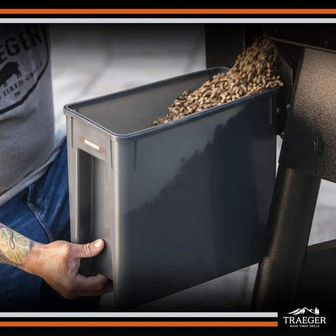 Close-up of heavy duty pellet storage bin in use, featuring airtight lid and wood chips for grilling. Level Up Your Smoke Game With This Heavy Duty Pellet Storage Bin Featuring A Rugged Locking Lid And Smart Stackable Design To Keep Wood Chips Bone Dry For Peak Grilling Days.