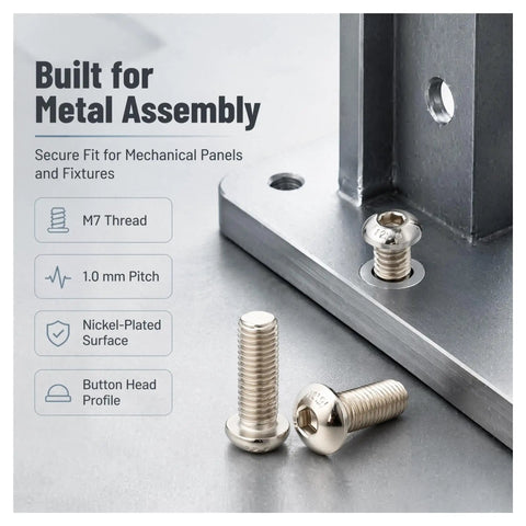Top Shelf ZENFORX M7x1.0 Button Head Socket Bolts With Nickel Plating on metal assembly surface, showing M7 thread details.