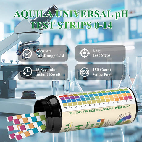 All In One pH Test Strips Kit 0-14 With 150 Strips in laboratory setting with microscope and color chart.