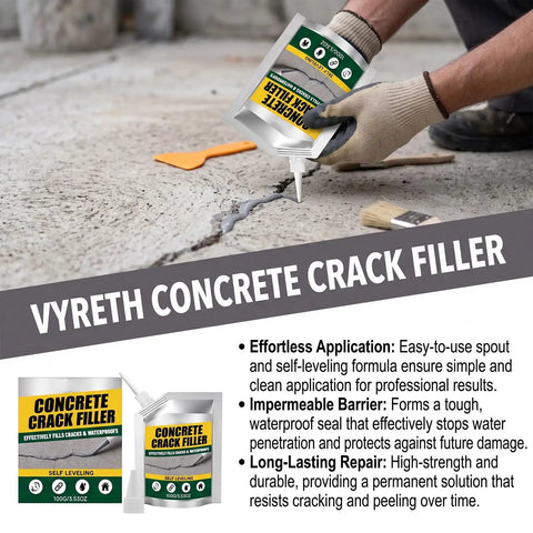 Waterproof Concrete Crack Filler And Sealant For Driveways Patios And Masonry, 20 oz package applied to crack in concrete floor.
