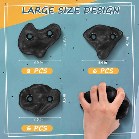 20 Rock Climbing Holds Set For DIY Wall Build With 3 Shapes Extra Large Grips detailed size illustration
