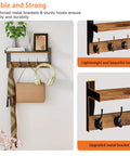 Top Tier Wall Mounted Wood Coat Rack With Five Heavy Duty Metal Hooks And Rustic Brown Shelf, 16 inch deep for stable entryway storage