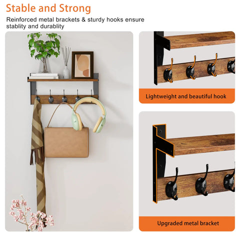 Top Tier Wall Mounted Wood Coat Rack With Five Heavy Duty Metal Hooks And Rustic Brown Shelf, 16 inch deep for stable entryway storage