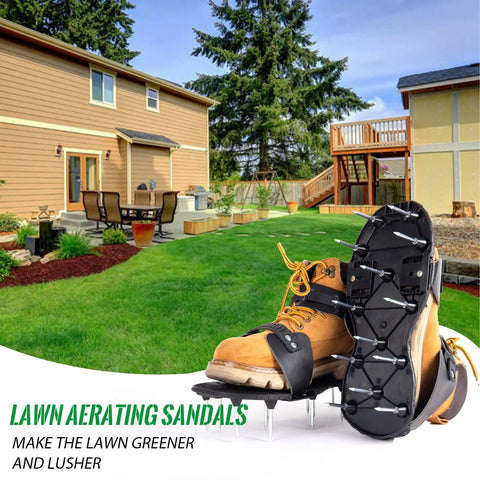 Heavy Duty Lawn Aerator Shoes With Spikes displayed in garden setting for effortless yard aeration and healthy grass growth