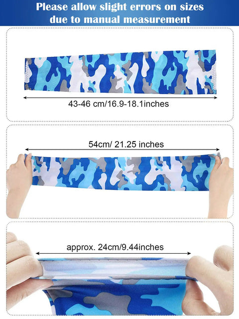 Dimensions of 9 Pairs Unisex UV Protection Arm Sleeves Ice Silk Cooling Covers for Outdoors shown with blue camouflage.