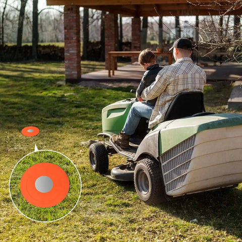 Lawnmower near Six Pack Orange Rubber Washers for Low Profile Property Markers and Driveway Survey Stakes, grass setting