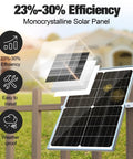 25W 12V Solar Battery Charger Kit with waterproof panel highlighting 23%-30% efficiency, easy install, and weatherproof features.