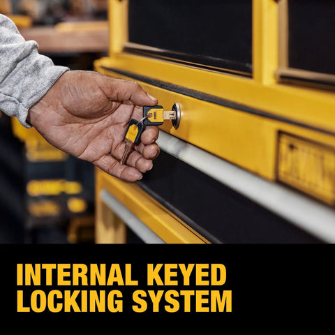 Person using key lock on Six-Drawer 41-Inch Tool Chest With 100-Lb Drawer Capacity, Heavy-Duty Mobile Storage Cabinet