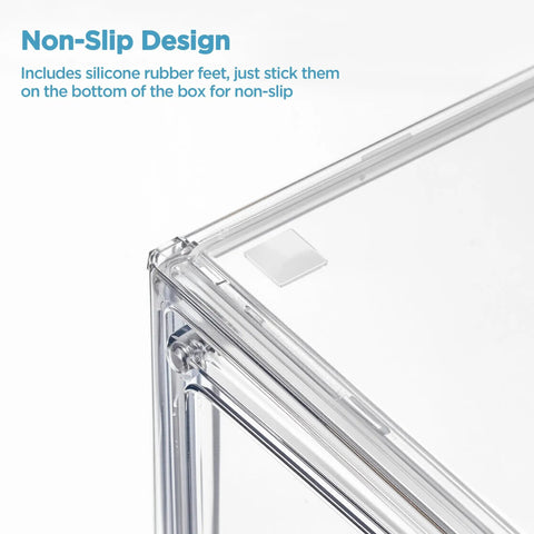 Close-up corner of Three Tier Clear Acrylic Baby Bottle Storage Organizer showing non-slip silicone feet design.