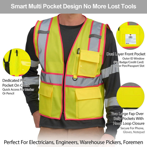 Extra Large Pink Hi Vis Safety Vest For Women Featuring Wide Reflective Tape Boss Level Day And Night Visibility straight up secure workwear with multi-pocket design.