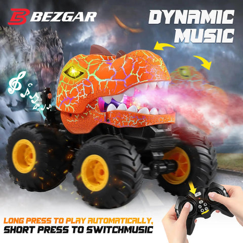 Remote Control Monster Truck For Kids Ages Four To Seven Orange With 360 Spin And Drifting Lights And Music 1 To 20 Scale RC Car For Boys Spray Feature Easy Stunts Built To Last Toy Truck with dynamic music and spray effect.