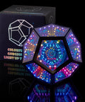 Dodecahedron RGBW Gaming Light With Infinity Mirror Effect Modern LED Desk Lamp in colorful display next to packaging