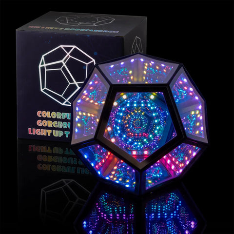 Dodecahedron RGBW Gaming Light With Infinity Mirror Effect Modern LED Desk Lamp in colorful display next to packaging