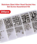 200 Piece Heavy Duty Stainless Steel Allen Head Grub Screws Set With Socket Hex Drive M3 To M8 304 Stainless Steel Assortment