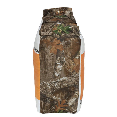 Edge view of the archery bag target with camouflage pattern, for crossbow, compound, and traditional bow practice, with easy carry handle.