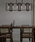 Farmhouse Rustic 6 Light Lantern Cage Chandelier Hand Painted Natural Walnut Wood With Black Finish for dining room table
