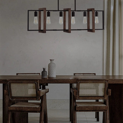 Farmhouse Rustic 6 Light Lantern Cage Chandelier Hand Painted Natural Walnut Wood With Black Finish for dining room table