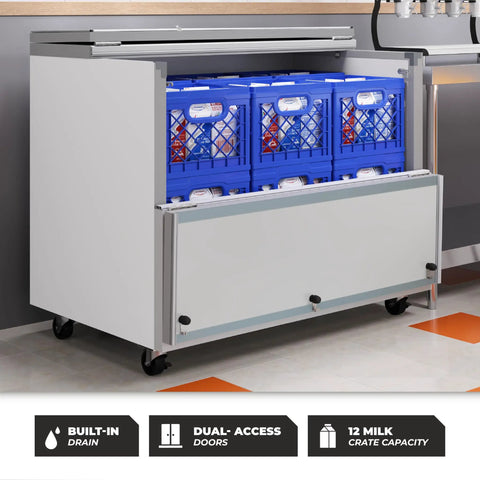 Built Like A Tank Heavy Duty Commercial Milk Cooler Refrigerator For Schools And Cafeterias With Smooth Heavy Duty Casters 12 Crate Stainless Steel Beverage Chiller ETL Certified solid storage with dual access doors