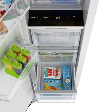 Interior view of 18 Inch Panel Ready Freezer Column With 8.6 Cubic Feet Heavy Duty Storage, Built In Ice Maker, Frost Free Energy Star Rated.