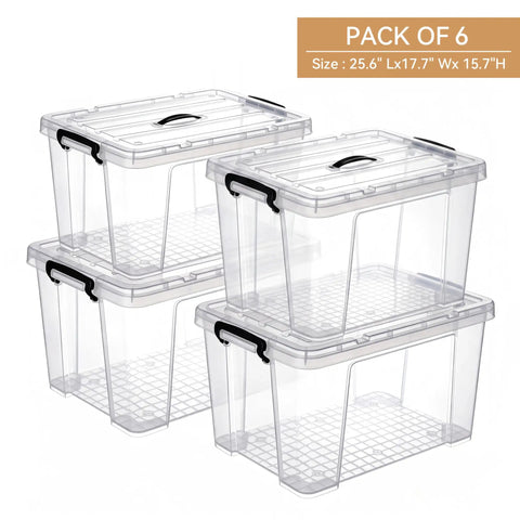 Heavy Duty 90 Quart Clear Storage Bins With Lids Six Pack See Through Stackable Containers For Closet Garage Pantry Organization.