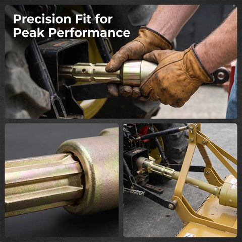 Heavy Duty Pto Extender Shaft With Quick Release Plug Rated For Seventy Hp Fits Bush Hog Kubota Snow Blowers And Finish Mowers, close-up during installation.