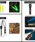 Rhino Rescue survival first aid kit with MOLLE pouch in ranger green; glow sticks, adjustable flashlight, ferro rod.