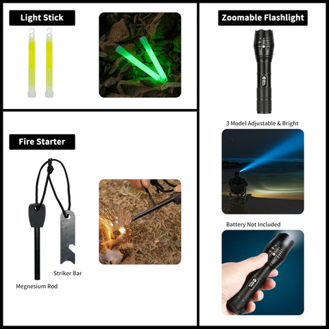 Rhino Rescue survival first aid kit with MOLLE pouch in ranger green; glow sticks, adjustable flashlight, ferro rod.