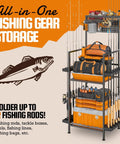 Vertical Fishing Rod Holder For Garage Pegboard And Mesh Basket Storage Rack Tackle Gear Organizer For Up To 12 Poles with tools and tackle.