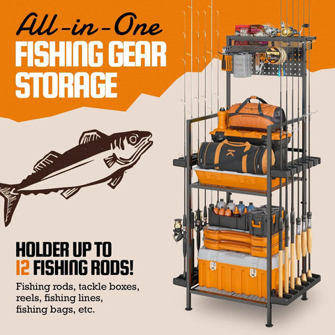Vertical Fishing Rod Holder For Garage Pegboard And Mesh Basket Storage Rack Tackle Gear Organizer For Up To 12 Poles with tools and tackle.