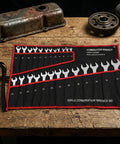 25-Piece Double Ended Wrench Set With Canvas Roll Bag In Beefy High Carbon Steel for Auto Repair displayed on a wooden table.