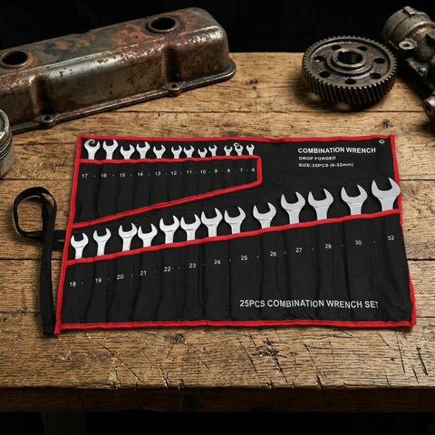25-Piece Double Ended Wrench Set With Canvas Roll Bag In Beefy High Carbon Steel for Auto Repair displayed on a wooden table.