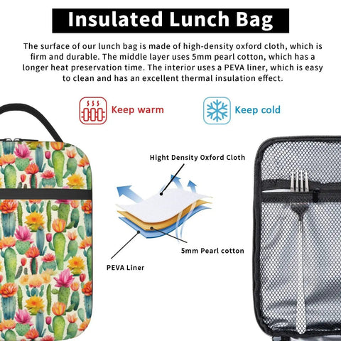 Desert Cactus Floral Insulated Lunch Tote interior and materials overview, highlighting PEVA liner and Oxford cloth.