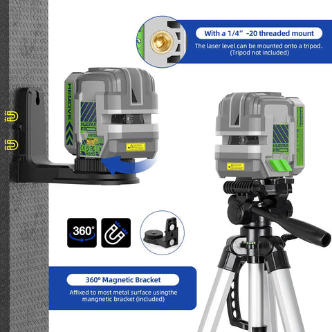 Rechargeable Self Leveling Green Laser Level With Outdoor Pulse Mode, 360 Degree Magnetic Bracket, 18 Hour Runtime, Compact Pro Grade Design, Hard Carrying Case Included, Ideal For Indoors Or Outdoors DIY Framing And Installations mounted on tripod