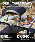 Heavy Duty Outdoor Pizza Oven Table 36 By 24 Inches With Locking Wheels 304 Stainless Steel Worktop Built Tough Three Shelf Prep Unit For Deck Patio BBQ And Parties with grill and accessories.