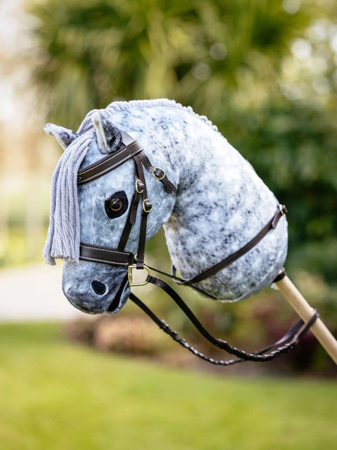 Hobby Horse Standing Martingale In Brown Soft Leather, adjustable neckpiece with leather noseband loop buckle, 3+ age