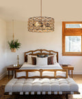 Boho Pendant Light Rustic Hand Woven Hemp Rope Drum Cage Rattan Hanging Lamp Wicker Coastal Farmhouse Chandelier in bedroom