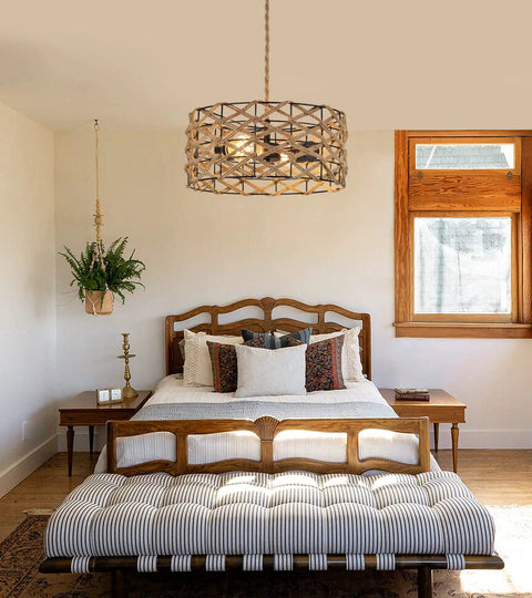 Boho Pendant Light Rustic Hand Woven Hemp Rope Drum Cage Rattan Hanging Lamp Wicker Coastal Farmhouse Chandelier in bedroom