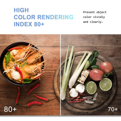 High Color Rendering Index 80+ comparison with food ingredients shown vividly and clearly under LED lighting.