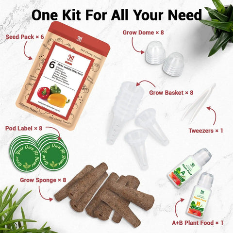 All In One Hydroponic Seed Pod Kit With Eight Pods And Over Six Hundred Heirloom Non GMO Seeds For Cherry Tomato Roma Tomato Bell Pepper Jalapeno Cilantro And Onion, including sponges, baskets, domes, and plant food.
