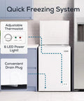 Slick 3.5 Cubic Foot Upright Deep Freezer Chest Features Quick Freeze Dial with adjustable thermostat and LED power light.