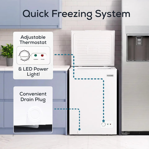 Slick 3.5 Cubic Foot Upright Deep Freezer Chest Features Quick Freeze Dial with adjustable thermostat and LED power light.