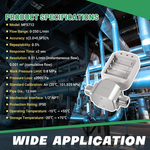 Half Inch NPT Portable Digital Thermal Mass Flow Meter For Compressed Air Nitrogen Oxygen And Other Inert Gases product specs