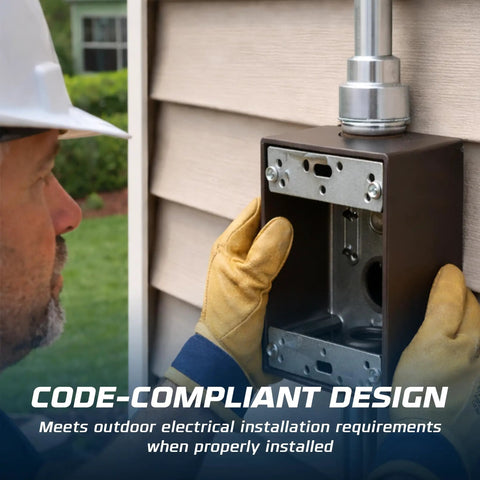 Installation of Weatherproof Outdoor Electrical Junction Box Kit, Die-Cast 1-Gang Box with Four 1/2-Inch Knockouts on exterior wall