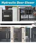 Outdoor Hydraulic Gate Closer Kit Six Pack TB200B for various gate styles, weatherproof hardware displayed below text