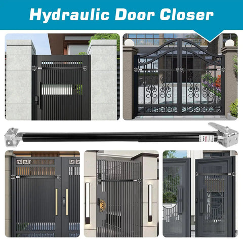 Outdoor Hydraulic Gate Closer Kit Six Pack TB200B for various gate styles, weatherproof hardware displayed below text