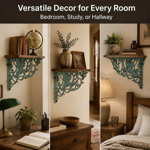 Heavy Duty Cast Iron Shelving Bracket Mount for Kitchen Wall Display in living room and bedroom decor setup