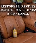 All Leather Cleaner 8 Oz For Cars Home And Gear Deep Clean Formula For Auto Interiors Leather Seats Shoes Boots Handbags Jackets Furniture And Saddles bottle on tan car seats
